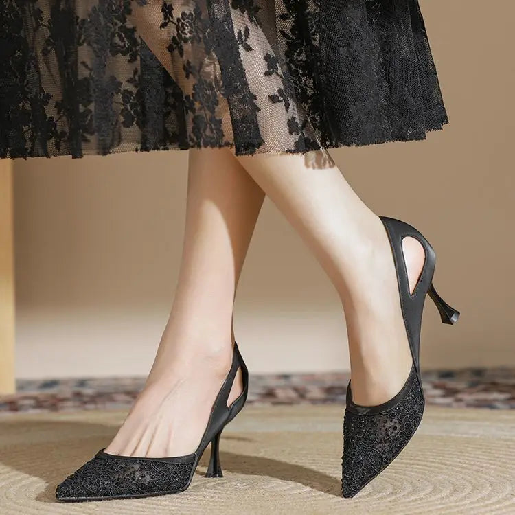 Comfortable High Heels for Women Summer 2026 New Pointed Toe Slim Heel Mesh Design Niche Popular Single Shoes