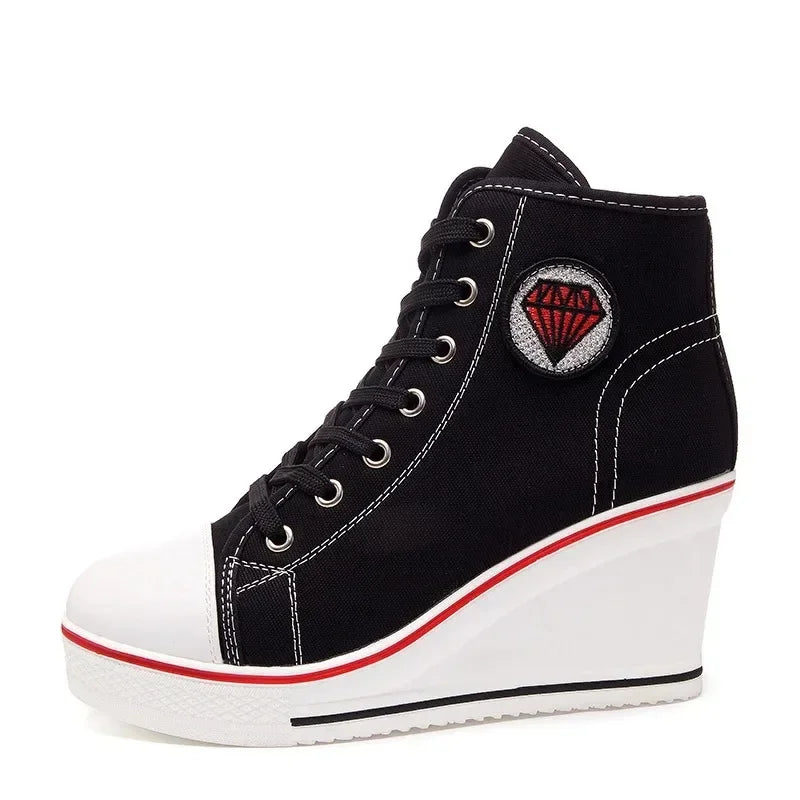 Wedge Heel Casual Shoes for Women New Canvas Shoes Side Zipper High Heel Lace Up Shoes Woman's Heightening Platform Sneakers