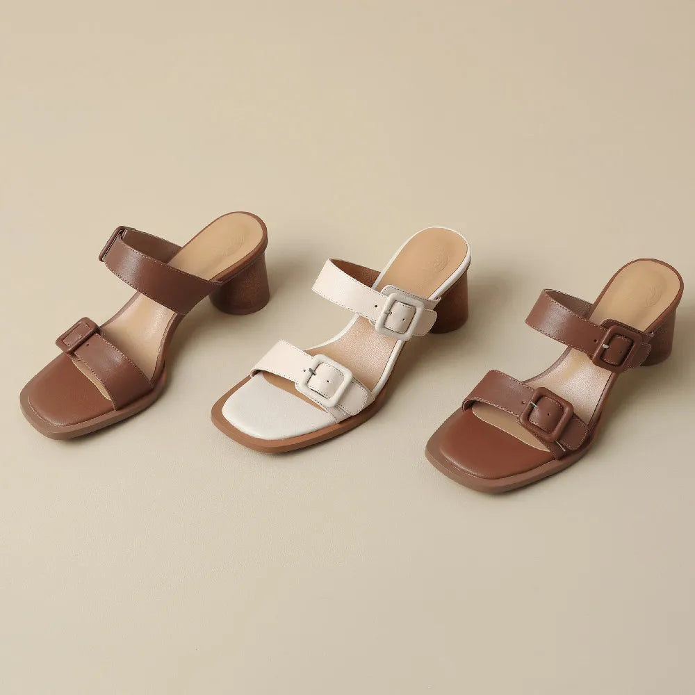 Women's sandals summer 2023 cow leather double metal belt 5.5cm thick med heel slip-on slippers elegant ladies slim daily pumps