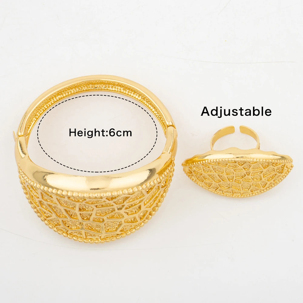 4Set Luxury Bangle Ring For Women Dubai Gold Color Bracelet France Jewelry Set Arabic African Adjustable Ring Party Wedding Gift