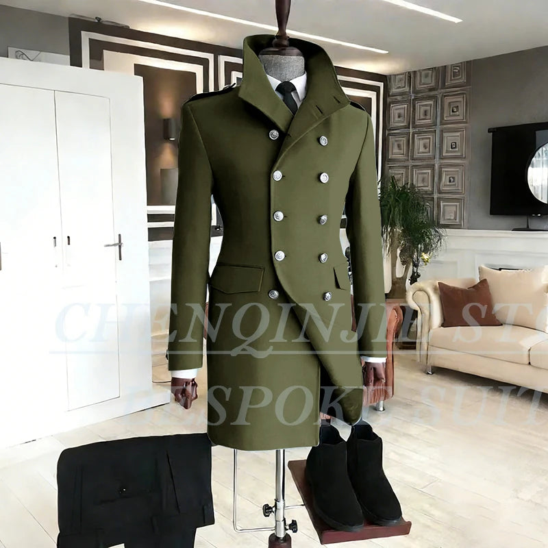 Casual Men's Suits 2 Piece Jacket Pants Grey Double Breasted Stand Lapel Luxury Blazer