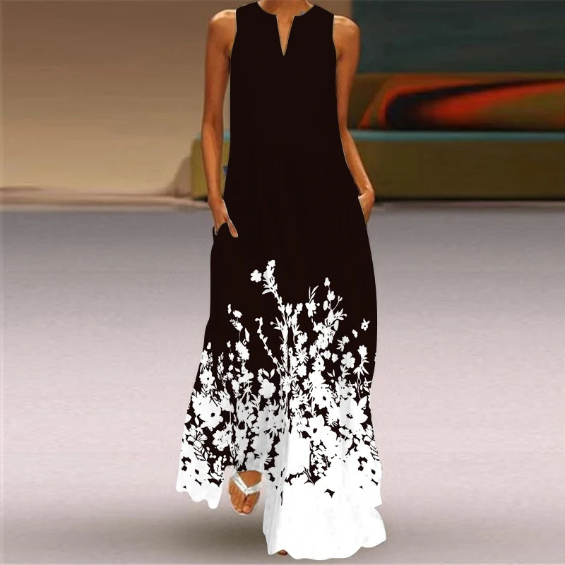 Elegant Dresses for Woman 3D Printed Dresses Summer Sleeveless V-Neck Long Dress Ladies Casual Elegant Beach Party Maxi Dresses