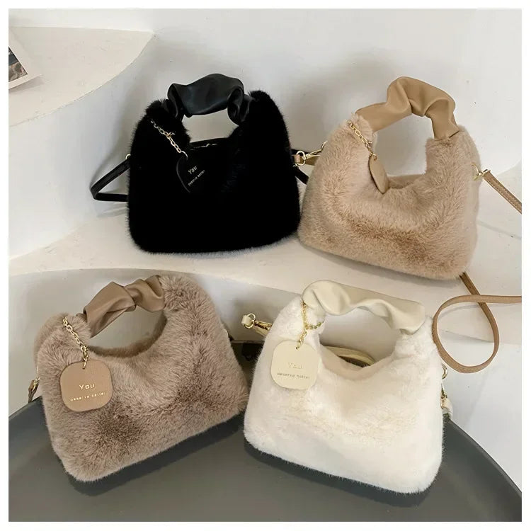 Women Faux Fur Plush Handbags Ruched Handle Small Lady Shoulder Crossbody Bag Casual Tote Half-Moon Hobos Winter Bags for Women