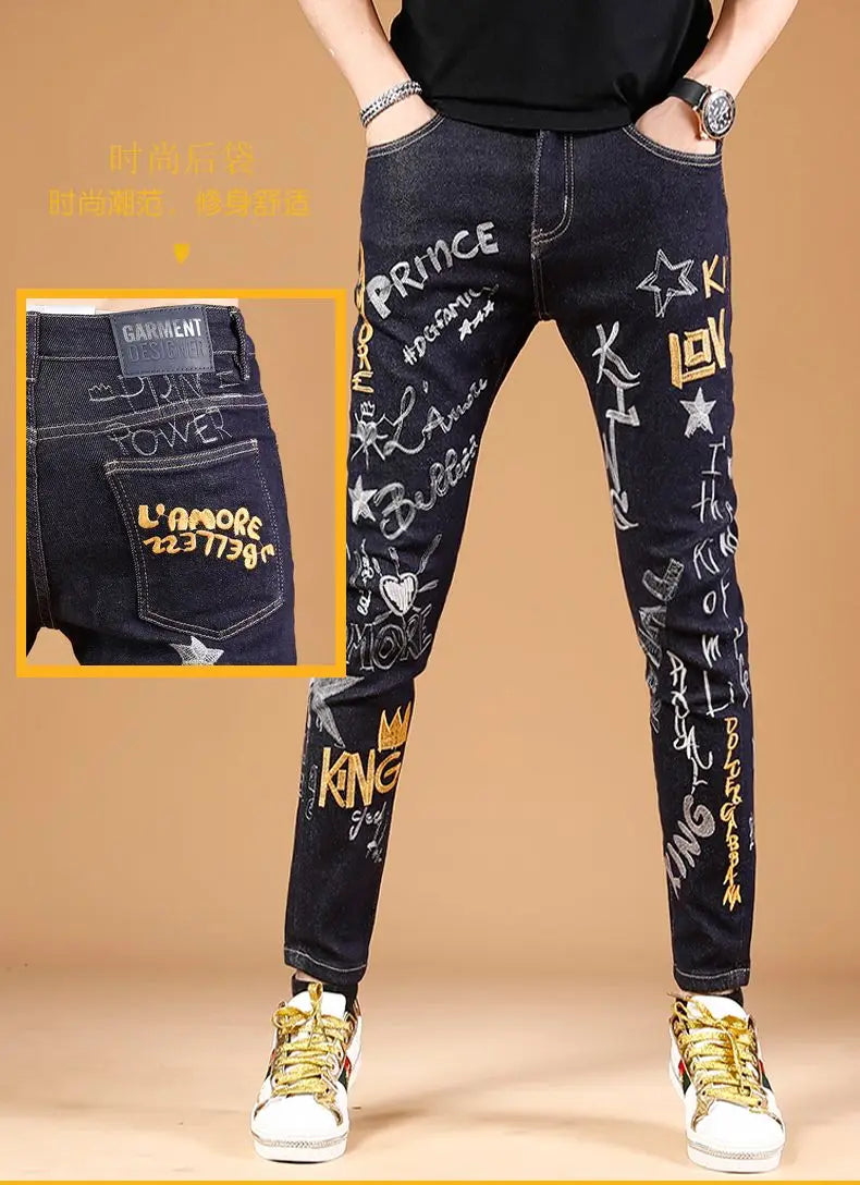 Summer New Embroidered Jeans Men Trendy Brand Korean Version Slim Fit Small Feet Trendy Casual Versatile Stretch Pants