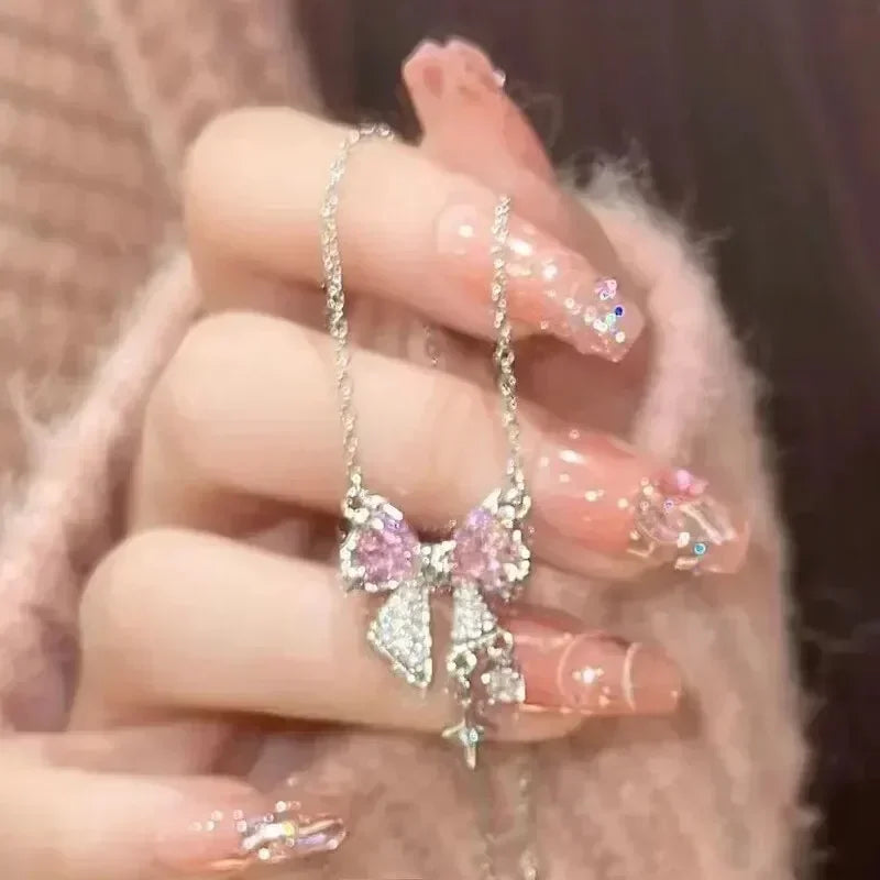 2pcs Set Fashion Bowknot Necklace Rings Set Crystal Bow Knot Pendant Necklaces Adjustable Bow Rings Fairy Shiny Pink Jewelry