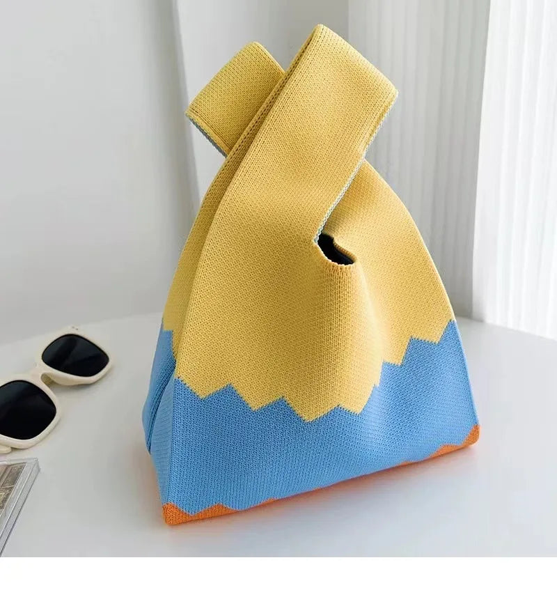 Women'S Knot Wrist Tote Bags Handmade Knitted Bag Portable Mini Striped Bucket Phone Bags Large Capacity Spring Summer Handbags