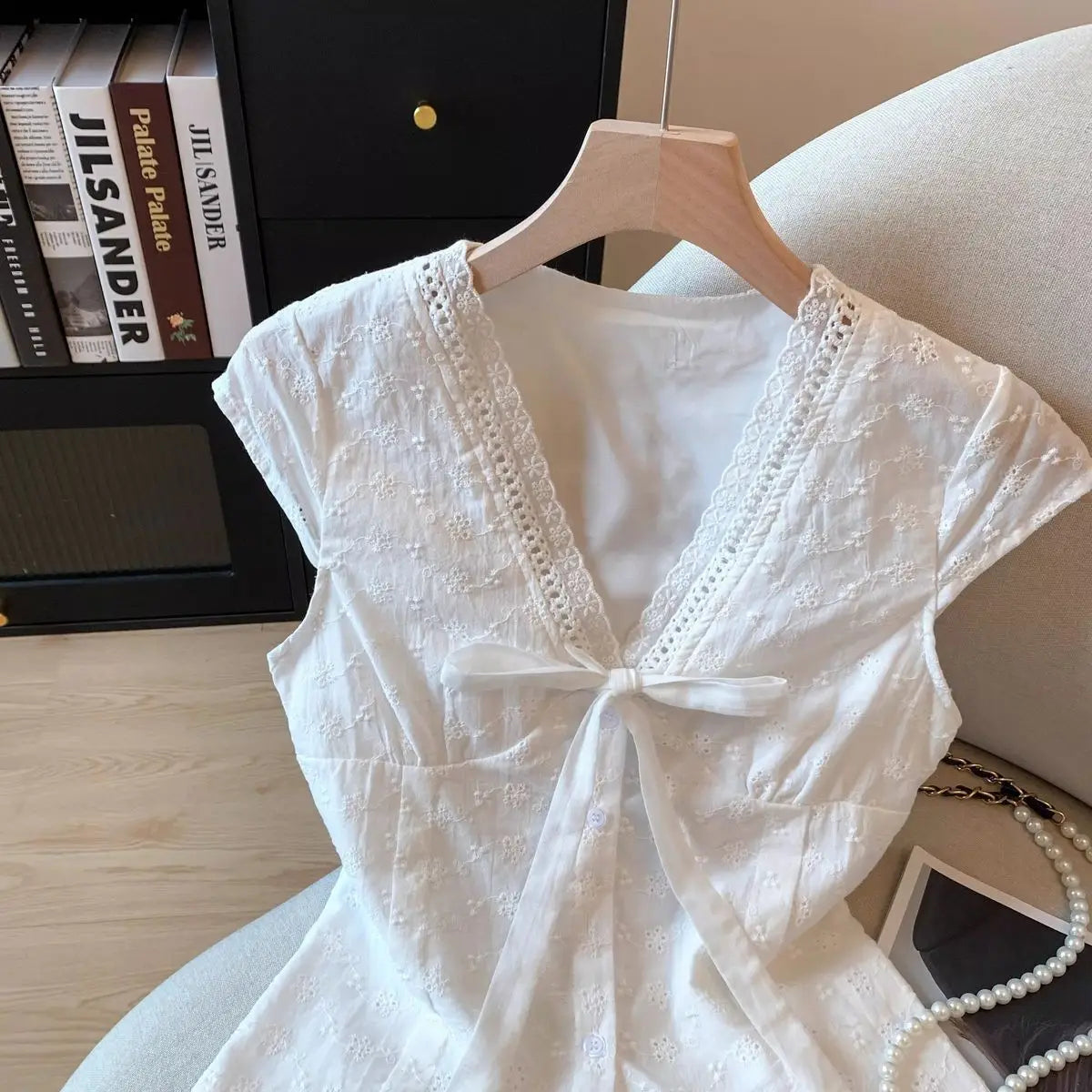 Women's White Floral Embroidery Blouse with Shirts Tie-Waist Detail Blouse