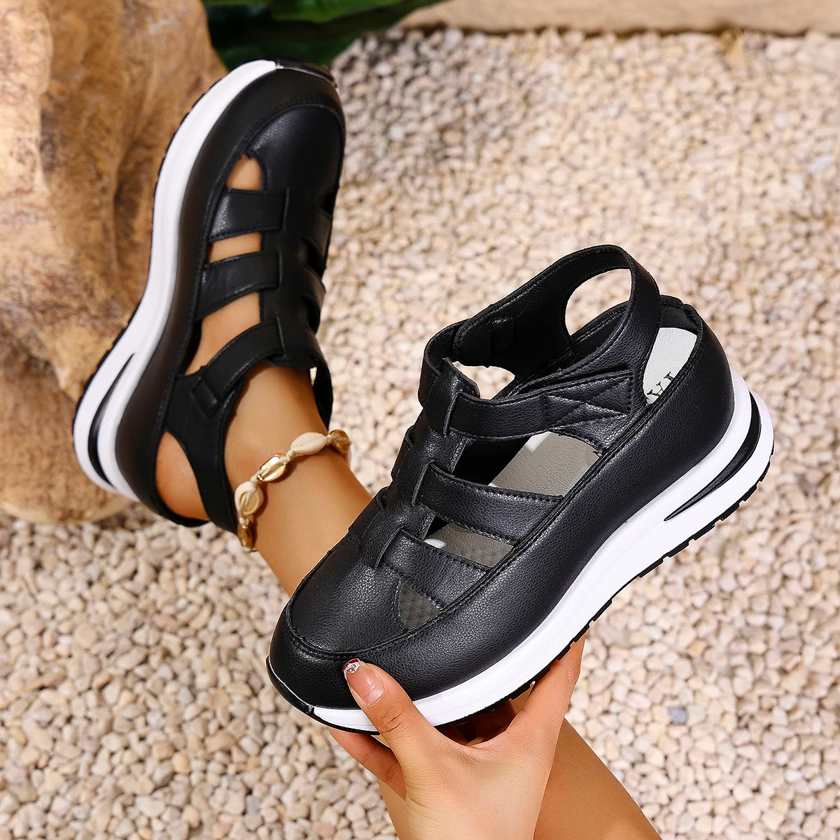 Ladies Shoes 2025 High Quality Buckle Strap Women's Sandals New Closed Toe Office and Career Summer Solid Wedge Sandals Zapatos