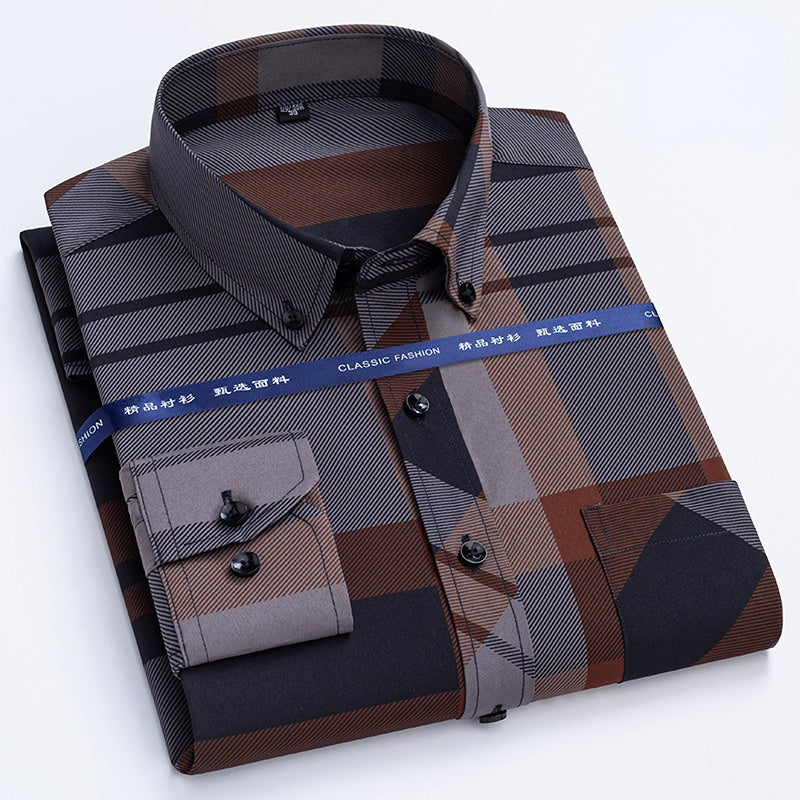 Men's Dress Shirts Spring Autumn Latest Hot Sale Non-iron Anti-wrinkle Business Casual Print Thin Plaid Slim Fit chemise homme