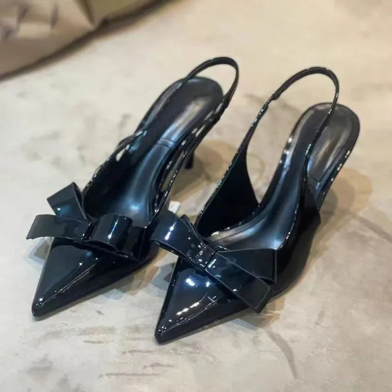 2025 Summer High Heel Sandals for Lady Pointed Toe Sexy Fashion Black Stilettos Bow Decoration Brand Designer Women Dress Shoes
