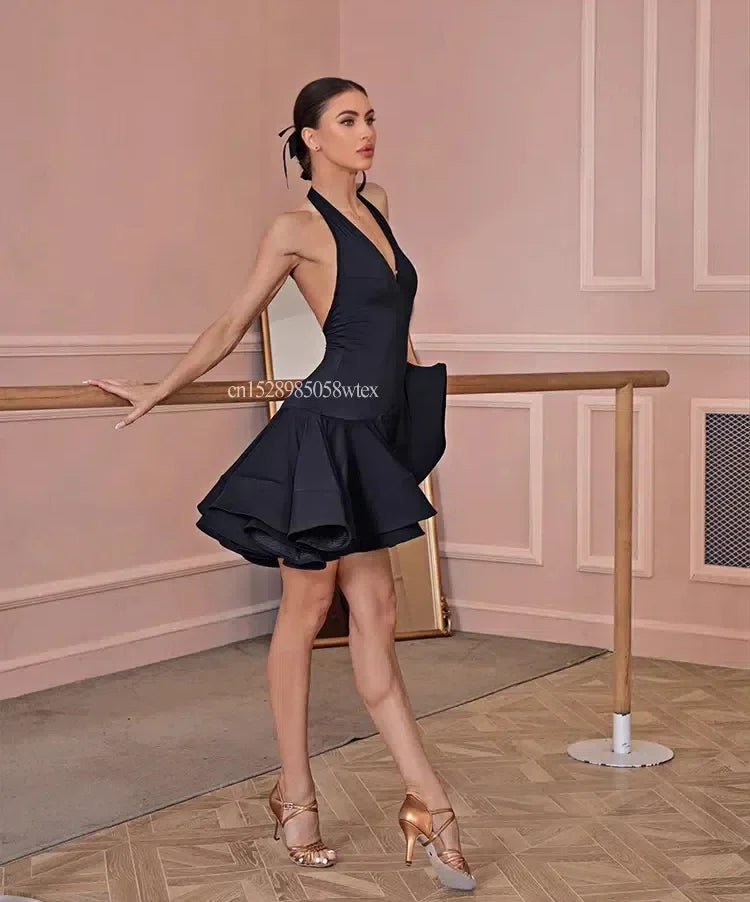 Black Latin Dance Dress Women's Sexy Sleeveless Hanging Neck Dress Professional Latin Dance Match Burgundy Dress