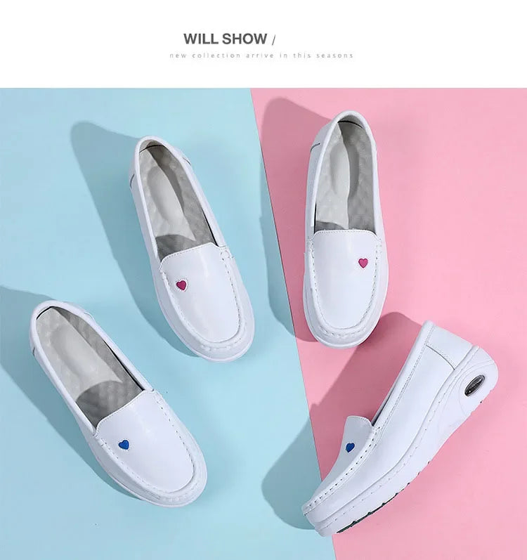 2025 New Women Flat Leather Shoes Casual White Wedge with Soft Bottom Love Heart Comfortable Mom Nurse Work Shoes Zapatillas