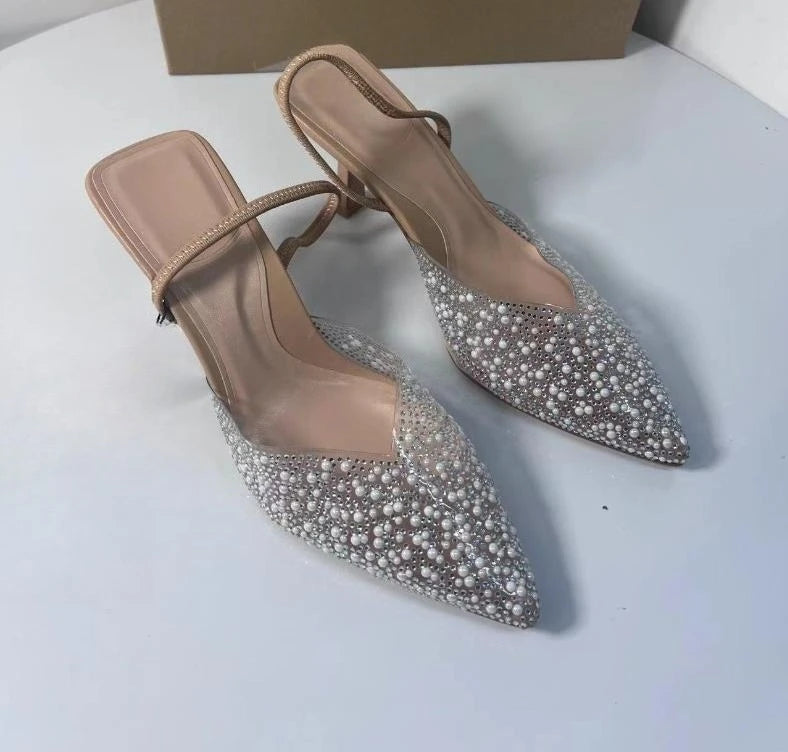 2025 Women's High Heeled Sandals Transparent Pointed Toe Elegant Ladies Fashion Shoes Pearl Decoration Slingback Sandal Size 42