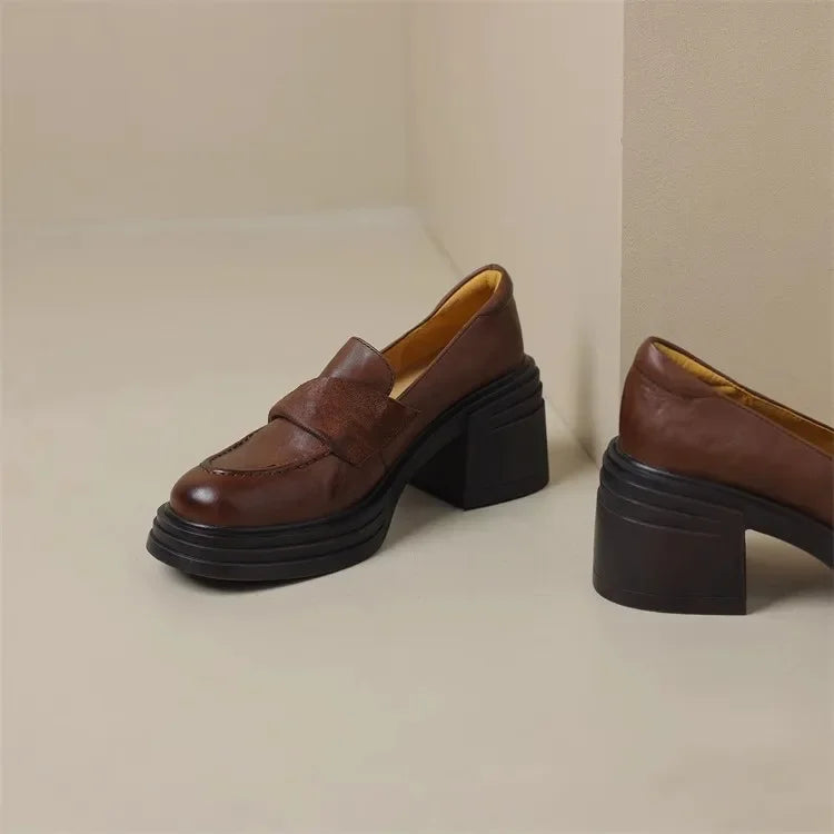 Women High Heel Shoes 2025 Retro Spring Autumn Performance Causal Women's Loafers Fashion Versatile Pumps Ladies Leather Shoes