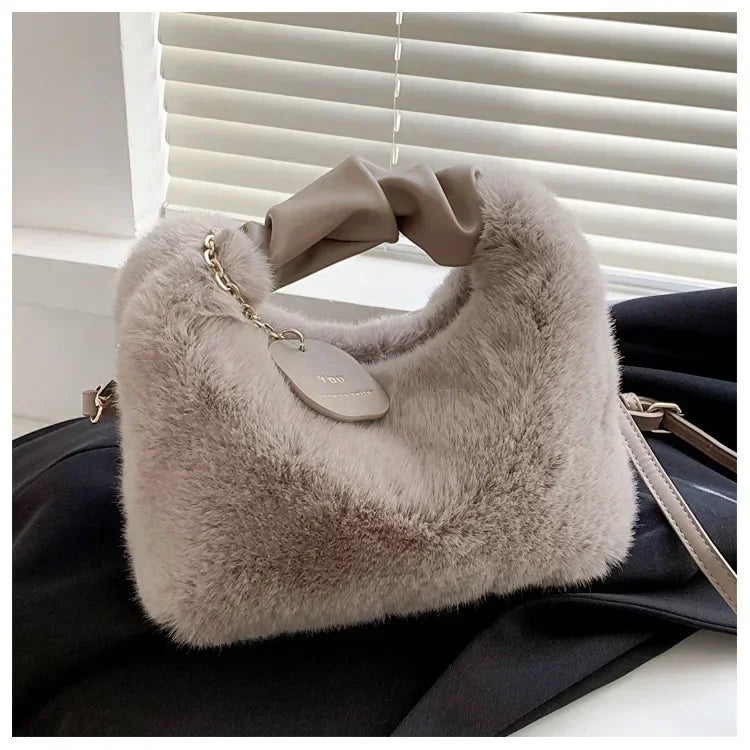 Women Faux Fur Plush Handbags Ruched Handle Small Lady Shoulder Crossbody Bag Casual Tote Half-Moon Hobos Winter Bags for Women