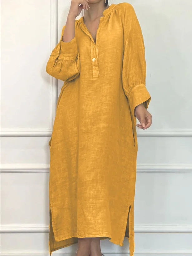Fashion Cotton Linen Long-sleeved Loose Women's Dresses New Autumn Collection Casual Simple Pocket Elegant Female Slit Dress2025