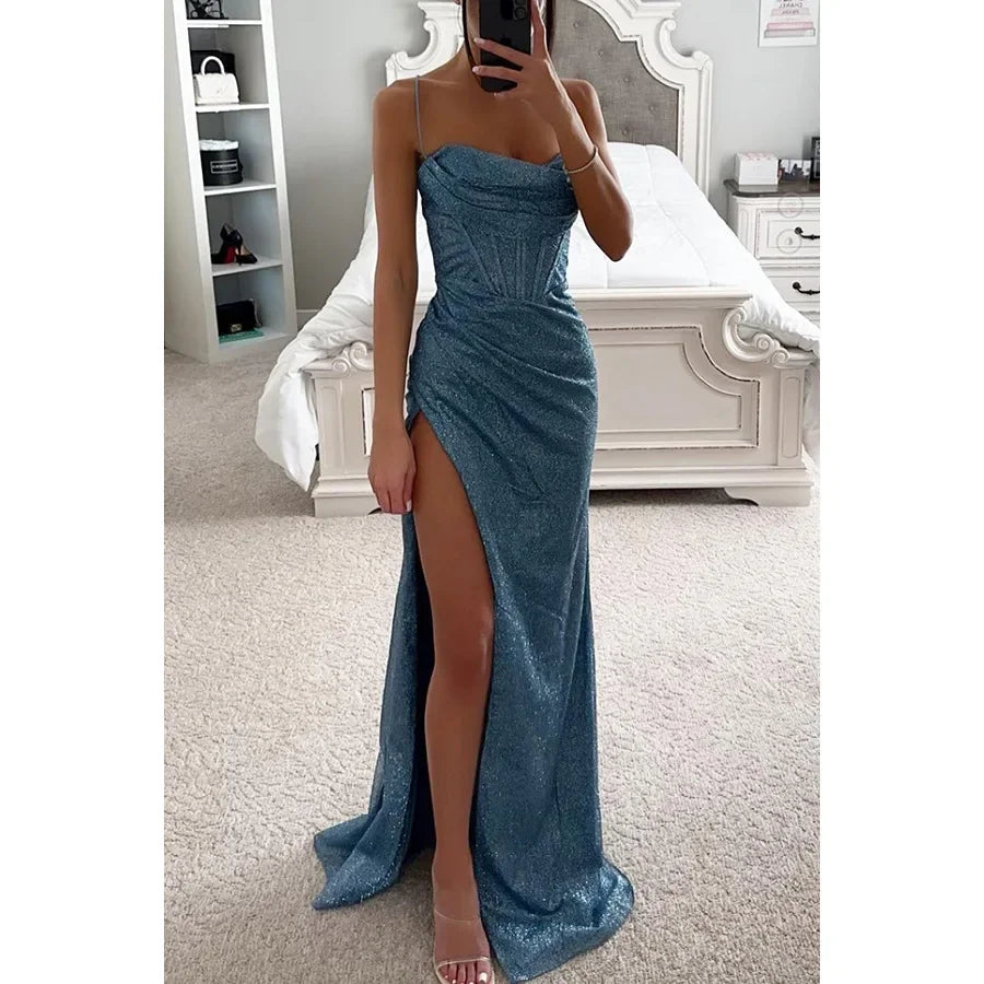Sexy Off-shoulder Gown Dress Elegant Sequin Maxi Dresses for Evening Party Prom Slip Slim Split Long Canonicals