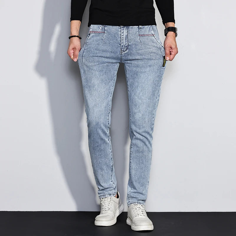 New Men's Jeans Slim Fit Stretch Straight Vintage Trendy Denim Pants Korean Washed Soft Versatile Fashion Trousers Streetwear