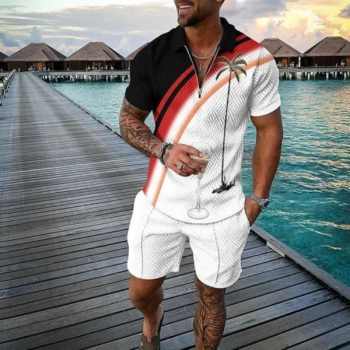 Men's Polo Tracksuit Set Summer Fashion Men Short Sleeve Zipper Polo Shirt&Shorts Set for Men Casual Streetwear 2 Piece Suit