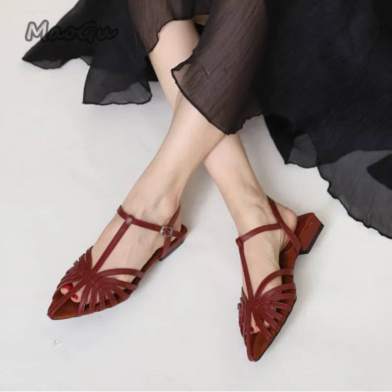 Low Heeled Sandals Fashion Women Gladiator Shoes 2025 Summer Pointed Toe Roman Sandals Footwear Size42 Sandalias De Mujer