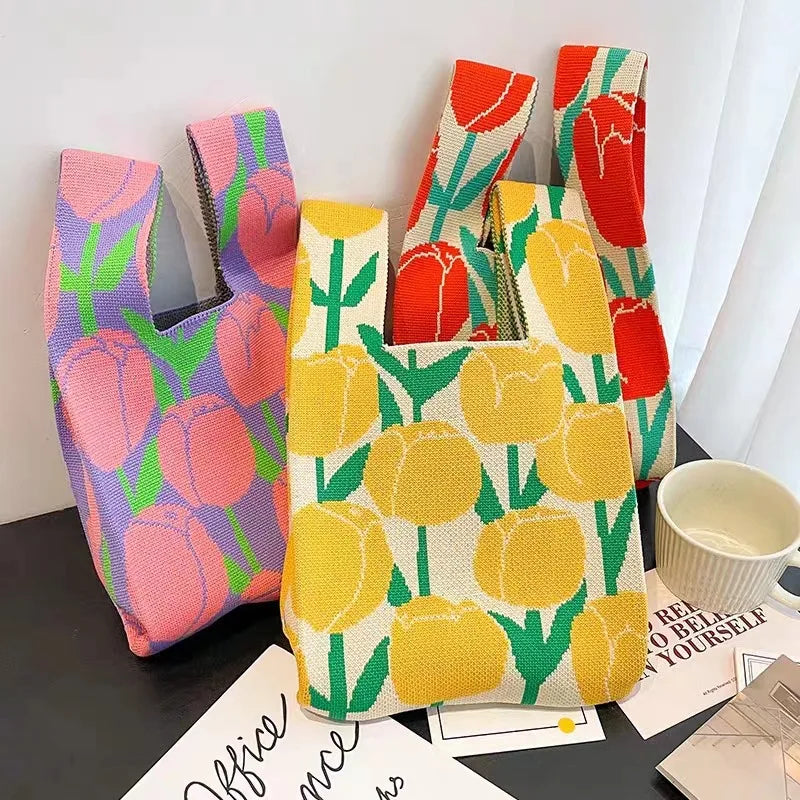 Women'S Knot Wrist Tote Bags Handmade Knitted Bag Portable Mini Striped Bucket Phone Bags Large Capacity Spring Summer Handbags