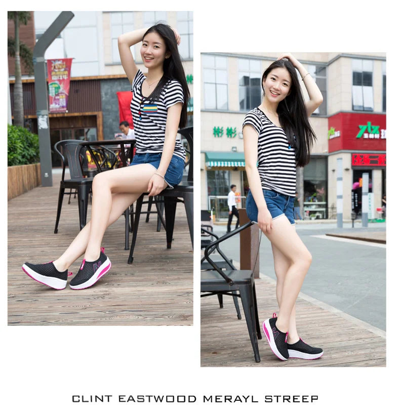 Women Mesh Flat Shoes Sneakers Women Swing Wedge Hollowed Out Slip-on Shoes Women Platform Breathable Lightweigt Vulcanization