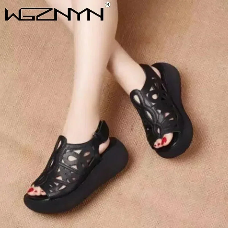 Designer Women Sandals Soft Leather Wedges Shoes for Women Summer Retro Sandals Luxury Casual Shoes Female Heels Wedge Sandalias