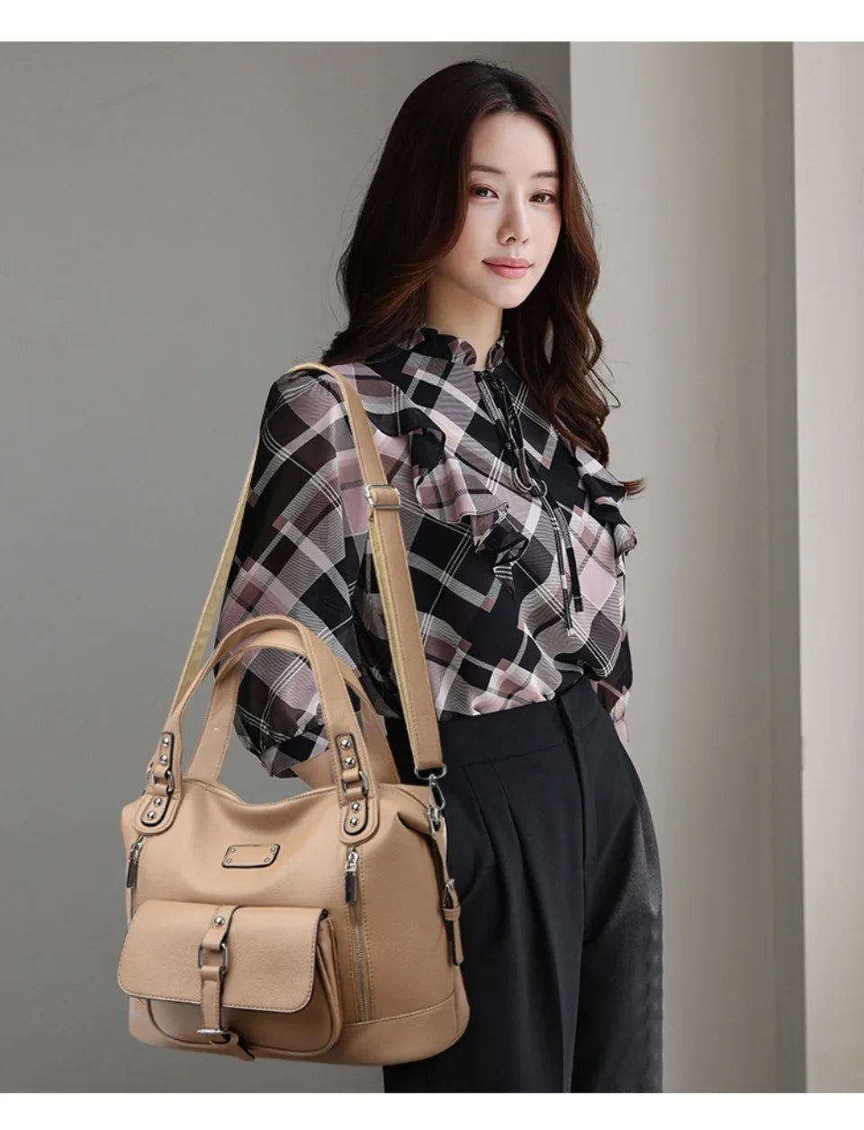 Women's Casual Tote Soft Leather Handbag Luxury Designer Shoulder Crossbody Hand Bag Ladies Shopping Sac Front Double Zipper
