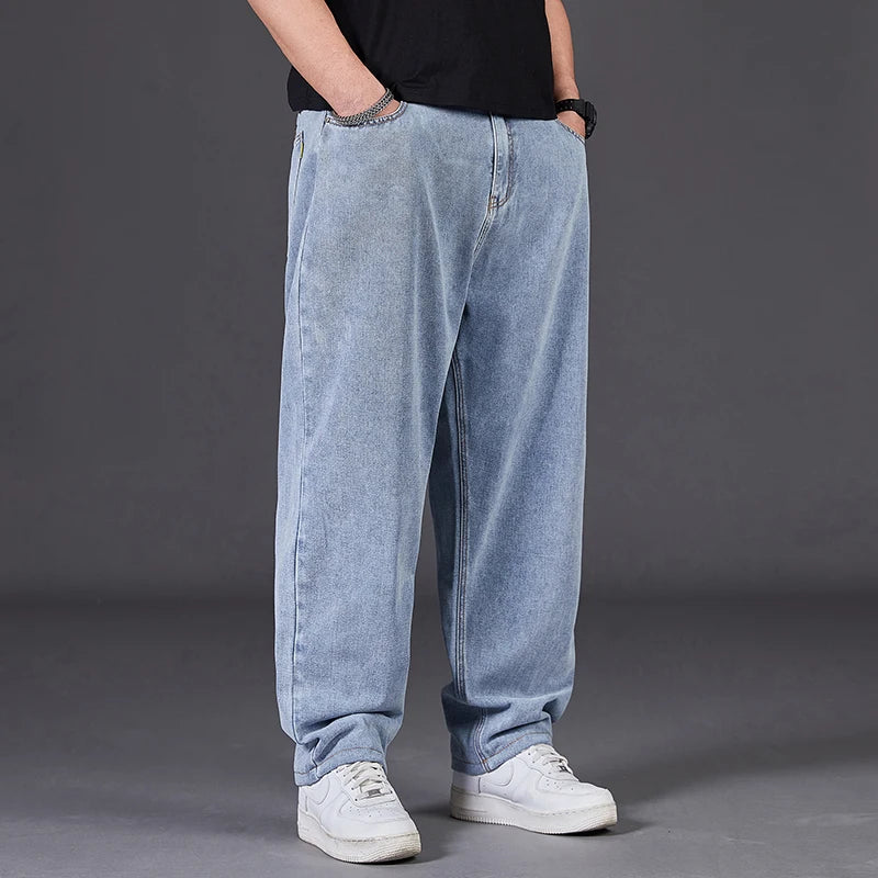 Autumn Thin Denim Jeans Men Plus Size Loose Straight Leg Sport Pants Fat Guy Elastic Long Trendy Trousers Black Grey Blue Jeans