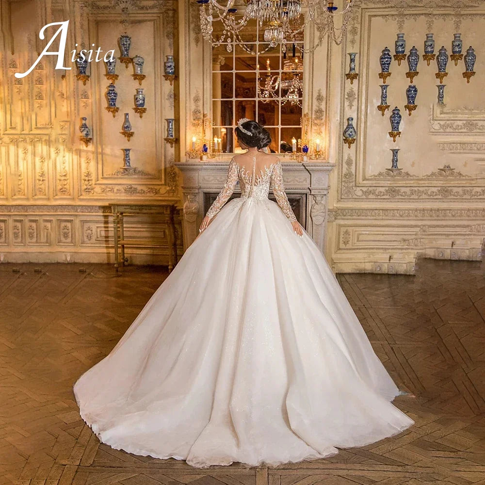 Customized Exquisite Wedding Dress Sheer O-Neck Lace Beaded Applique Illusion Long Sleeves A-Line Bride Dress Vestidos De Noiva
