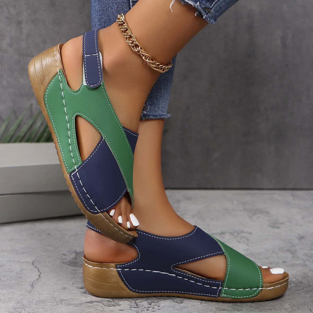 New Women's Contrast Color Wedge Sandals Summer Peep Toe Non Slip Beach Shoes Woman Comfortable Platform Roman Sandalias