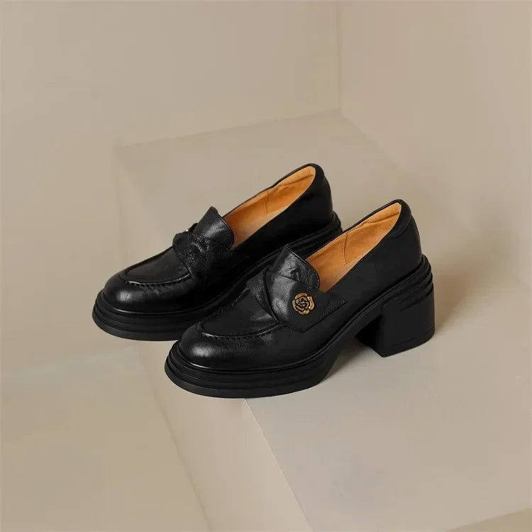 Women High Heel Shoes 2025 Retro Spring Autumn Performance Causal Women's Loafers Fashion Versatile Pumps Ladies Leather Shoes