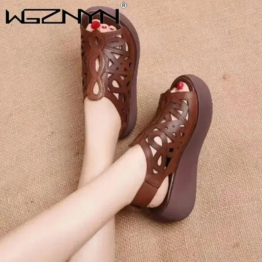 Designer Women Sandals Soft Leather Wedges Shoes for Women Summer Retro Sandals Luxury Casual Shoes Female Heels Wedge Sandalias