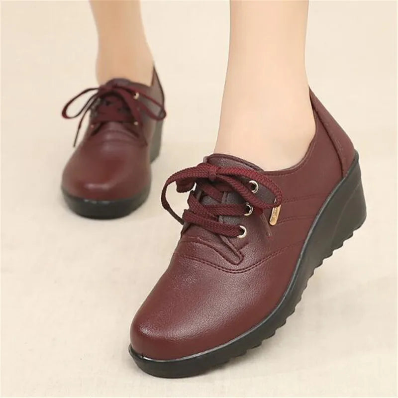 Classic Genuine Leather Women Shoes Round Toe Casual Comfortable Women's Wedge Shoes Spring Autumn Fashion Mother Shoes 10models