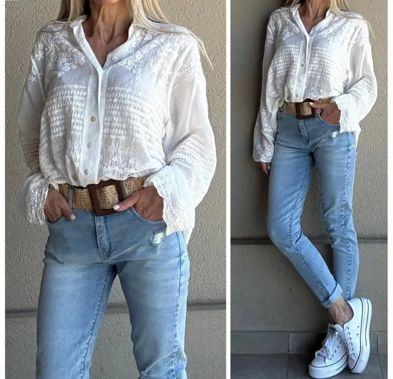 Women's Boho Embroidered Blouse Long Sleeve Button Down Shirt Casual Loose Fit Lace Trim White Cotton Top for Summer Vacation