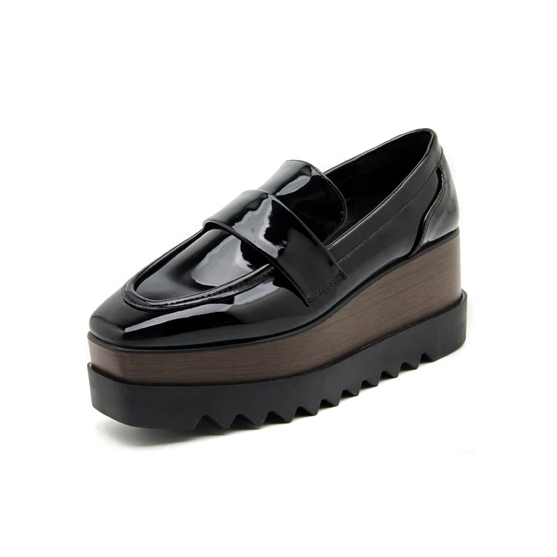 8cm Heeled Platform Wedges Shoes Womens High Heels Casual Lazy Shoes Square Toe Wedge Creepers Pumps Damen Black