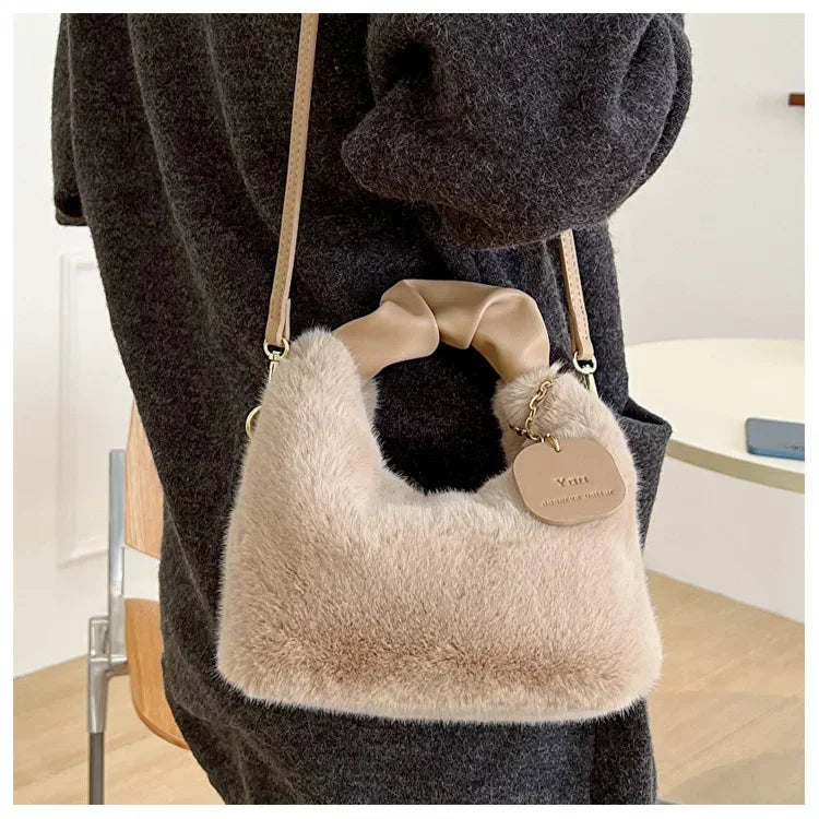 Women Faux Fur Plush Handbags Ruched Handle Small Lady Shoulder Crossbody Bag Casual Tote Half-Moon Hobos Winter Bags for Women