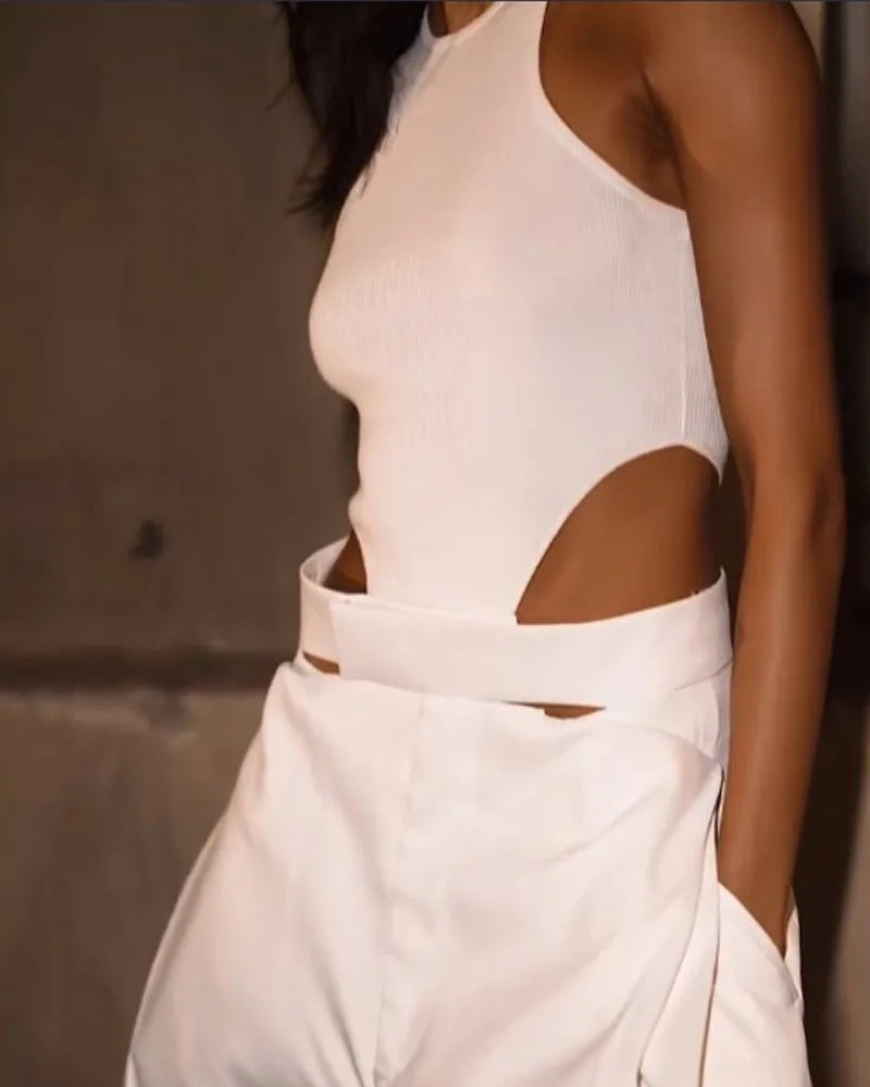 Fashion Jumpsuits For Women Summer O Neck Sleeveless Hollow Out Slim White Wide Leg Jumpsuit Girl High Street Chic Sexy Jumpsuit