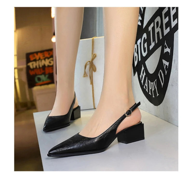 Simple And High-End Women's Shoes With Thick Heels Shallow Mouth Pointed Toe Slim Pedicures With Empty Back Tripping Mid-Heeled
