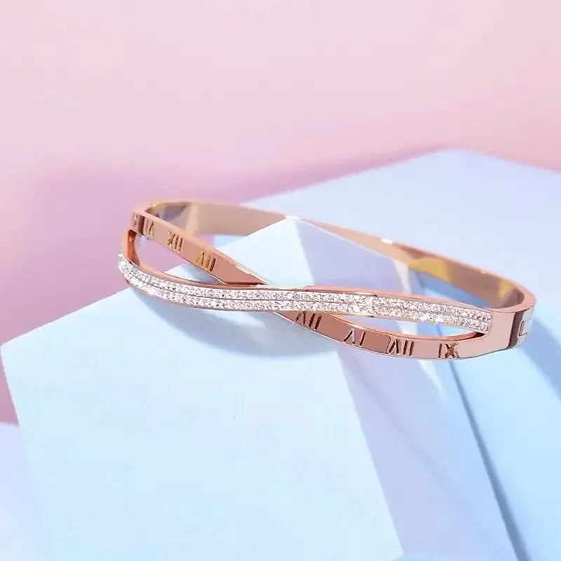Silver Color Bangles Bracelet for Women Girls Titanium Steel 18K Gold Plated Waterproof Jewelry Luxury Sparkling Zircon Bangles