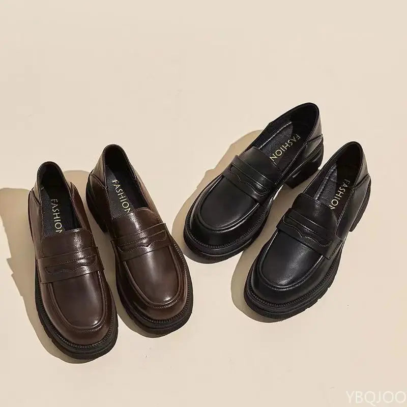 Women's Casual leather Shoes Fashion Thick soled Pumps Solid Color Breathable Loafers Fashion comfort ladies high heels Zapatos