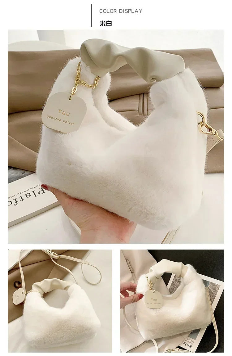 Women Faux Fur Plush Handbags Ruched Handle Small Lady Shoulder Crossbody Bag Casual Tote Half-Moon Hobos Winter Bags for Women