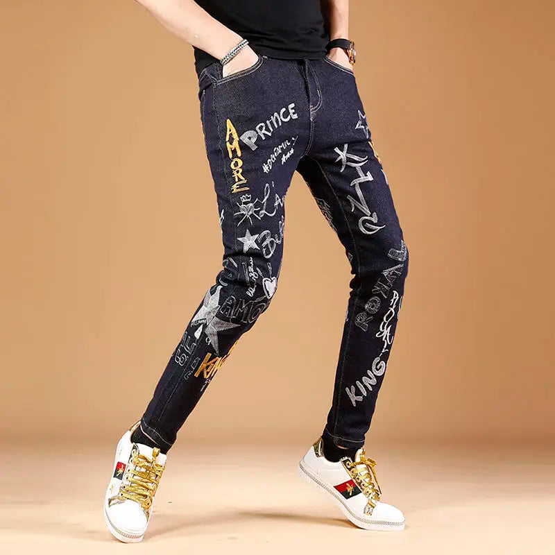 Summer New Embroidered Jeans Men Trendy Brand Korean Version Slim Fit Small Feet Trendy Casual Versatile Stretch Pants