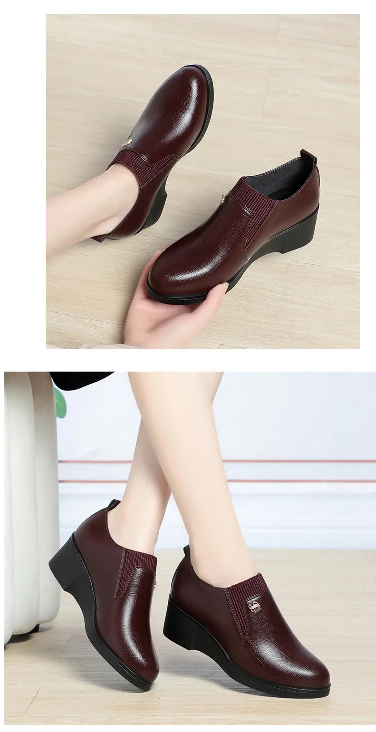 Wedge Heel Leather Shoes for Women 2025 New Soft Sole Design Versatile and Comfortable Solid Color Casual Pumps Women's Shoes