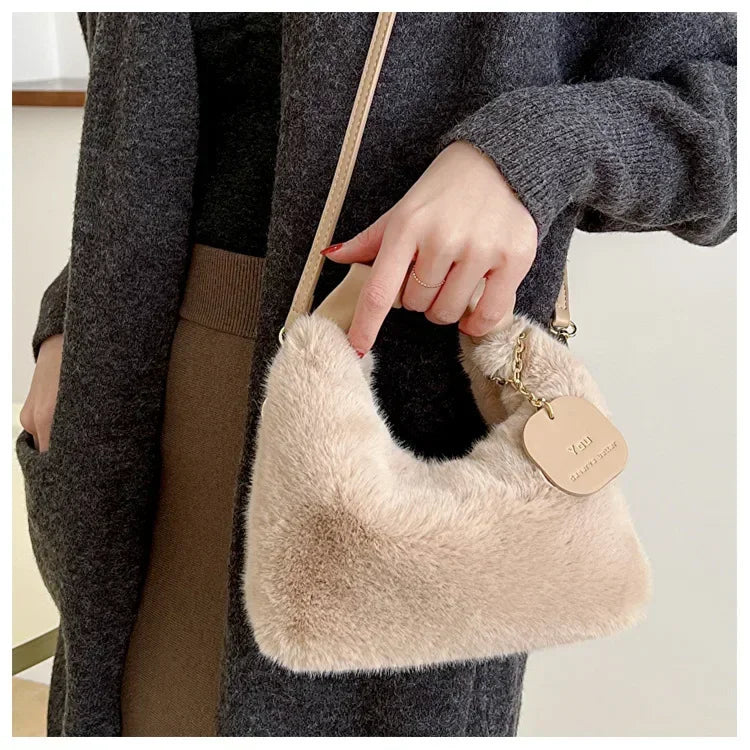 Women Faux Fur Plush Handbags Ruched Handle Small Lady Shoulder Crossbody Bag Casual Tote Half-Moon Hobos Winter Bags for Women