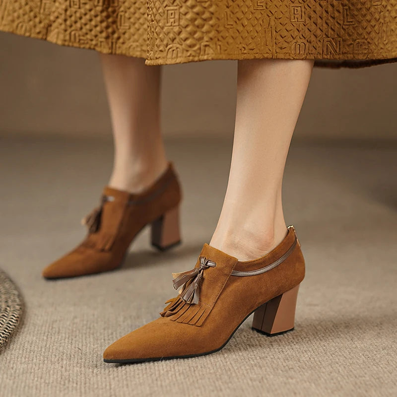 2025 Spring Women Shoes Pointed Toe Chunky Heel Women Pumps Sheep Suede High Heels Belt Buckle Shoes for Women zapatos de mujer