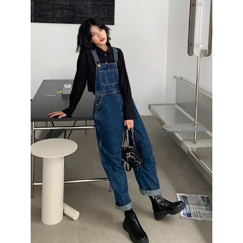 Jumpsuits Women Dark Blue Vintage Streetwear Harajuku Casual Fashion High Waist Loose Overalls Ulzzang Denim Suspenders Trousers