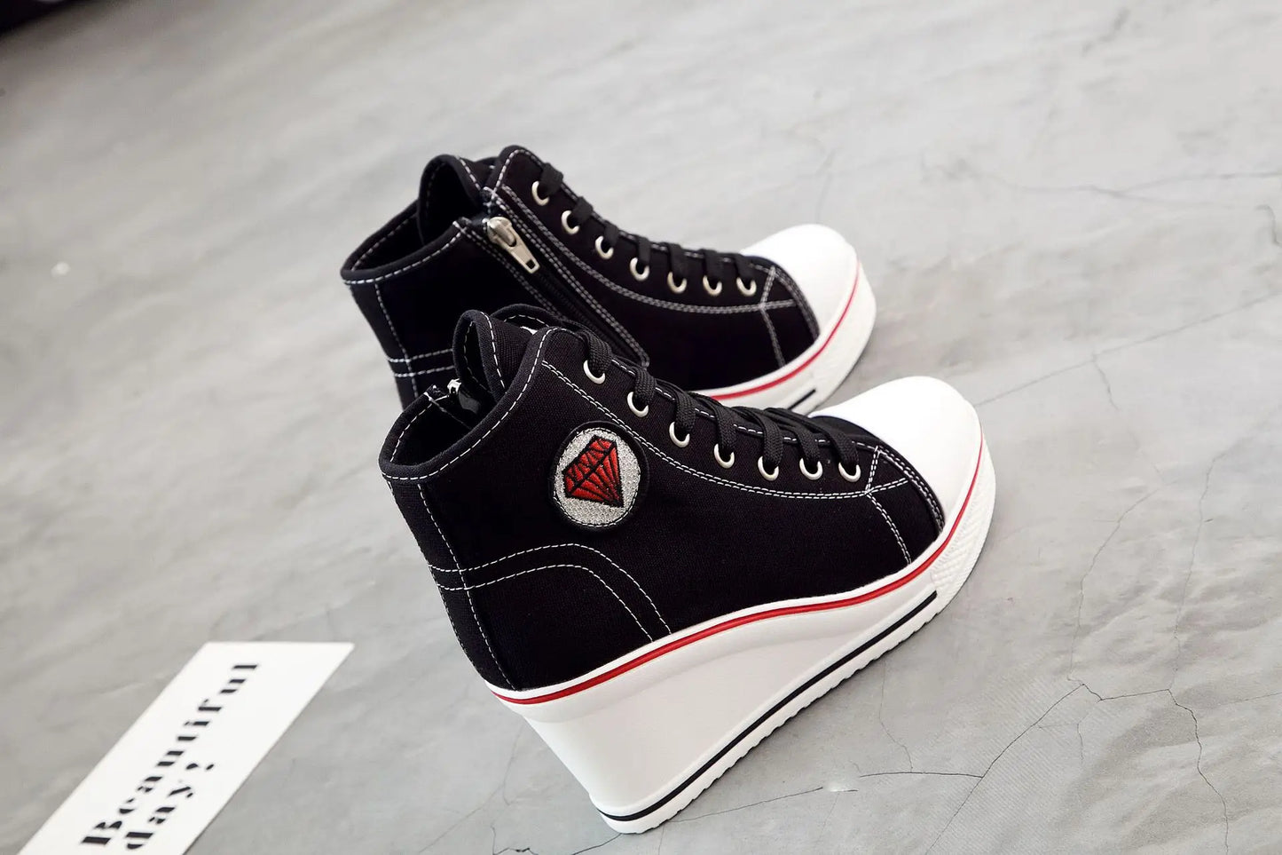 Wedge Heel Casual Shoes for Women New Canvas Shoes Side Zipper High Heel Lace Up Shoes Woman's Heightening Platform Sneakers