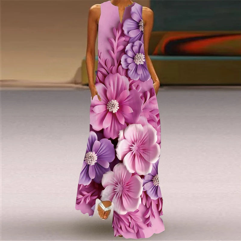 Elegant Dresses for Woman 3D Printed Dresses Summer Sleeveless V-Neck Long Dress Ladies Casual Elegant Beach Party Maxi Dresses