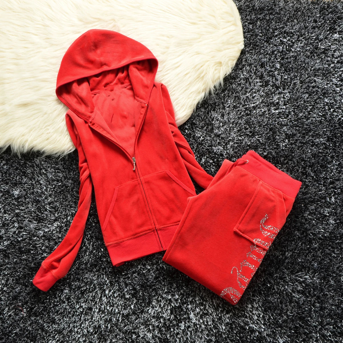 2 Pieces of Women's Outfit 2025 Fall Winter Women's Tracksuit Crystal Hoodies and Pant Sets Y2K Velvet Tracksuit